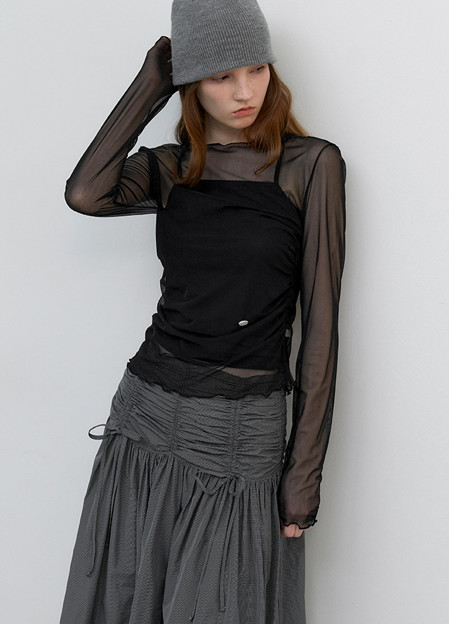 (SK-5079)MICRO CHECK SHIRRING MIDI SKIRT Korea