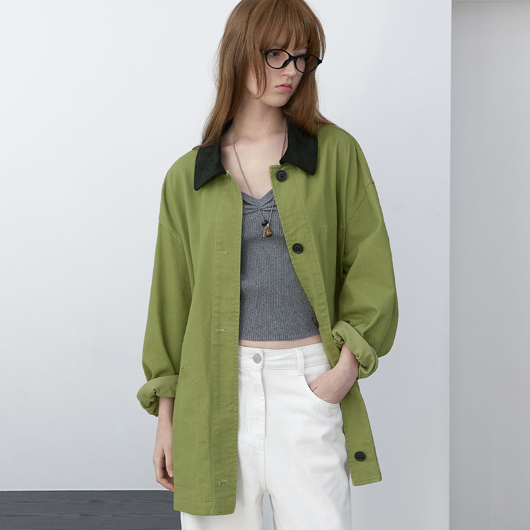 (CT-1478)STITCH COUDUROY COLLAR OLIVE JACKET
