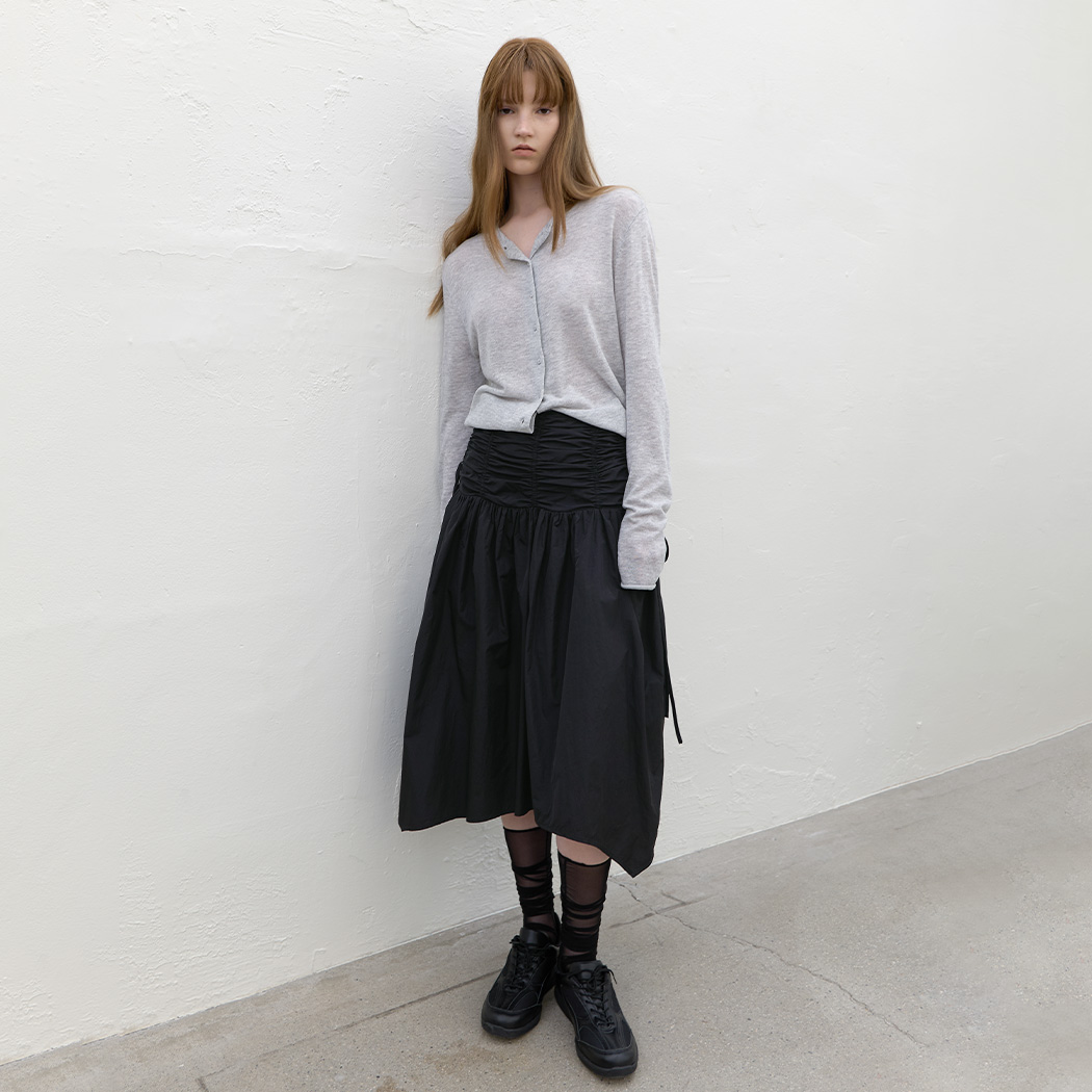 (SK-5092)UNBALANCED SHIRRING MIDI SKIRT
