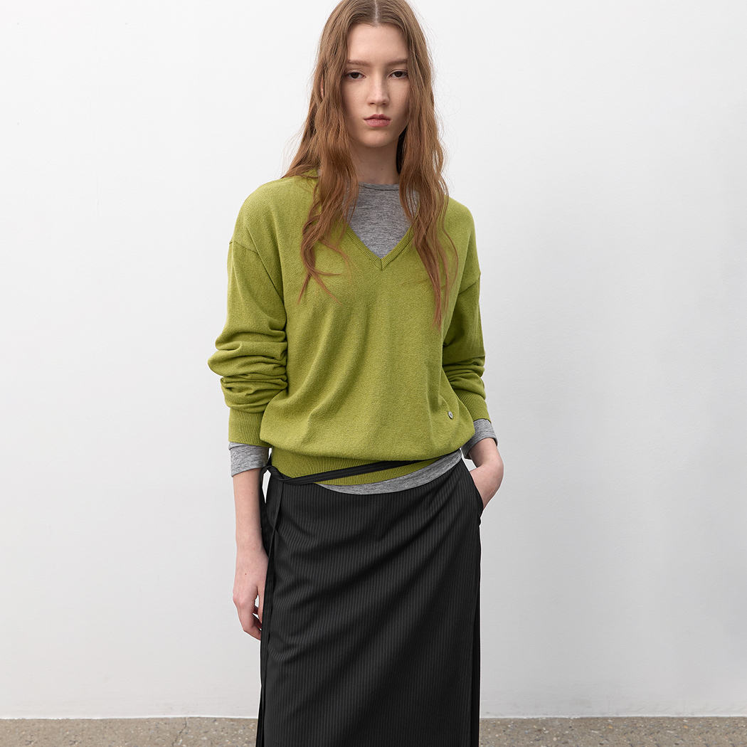 (T-7192)COTTON&WOOL OVERFIT V-NECK KNIT