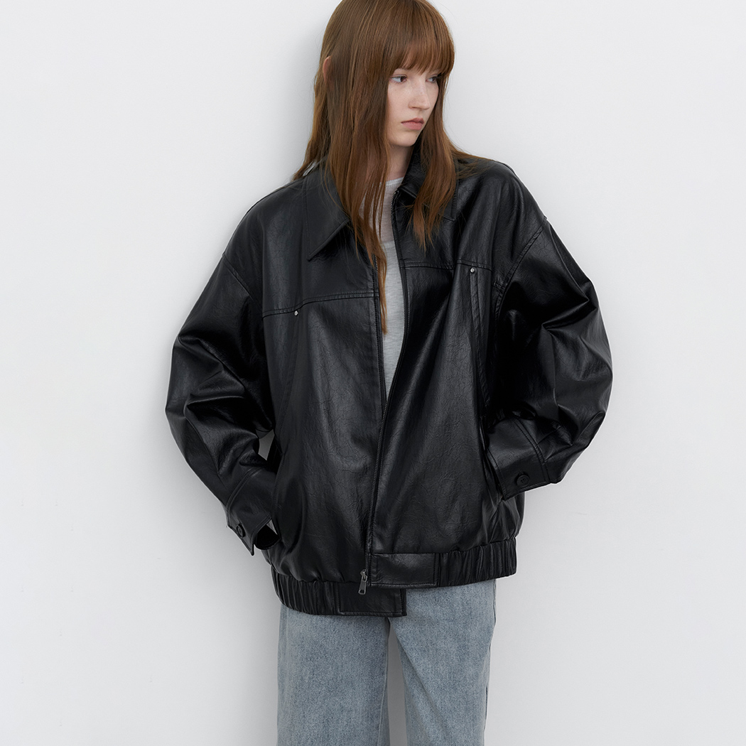 (JP-601)CRINCLE LEATHER OVERSIZED JUMPER