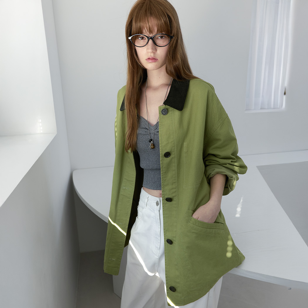 (CT-1478)STITCH COUDUROY COLLAR OLIVE JACKET