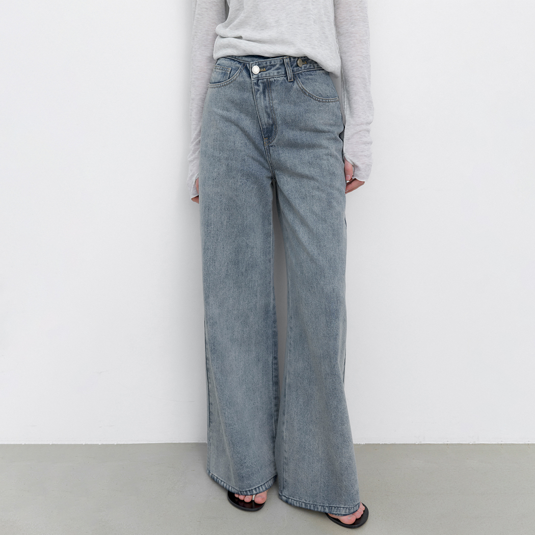 (PT-5796)TWO BUTTON UNBAL DENIM PANTS