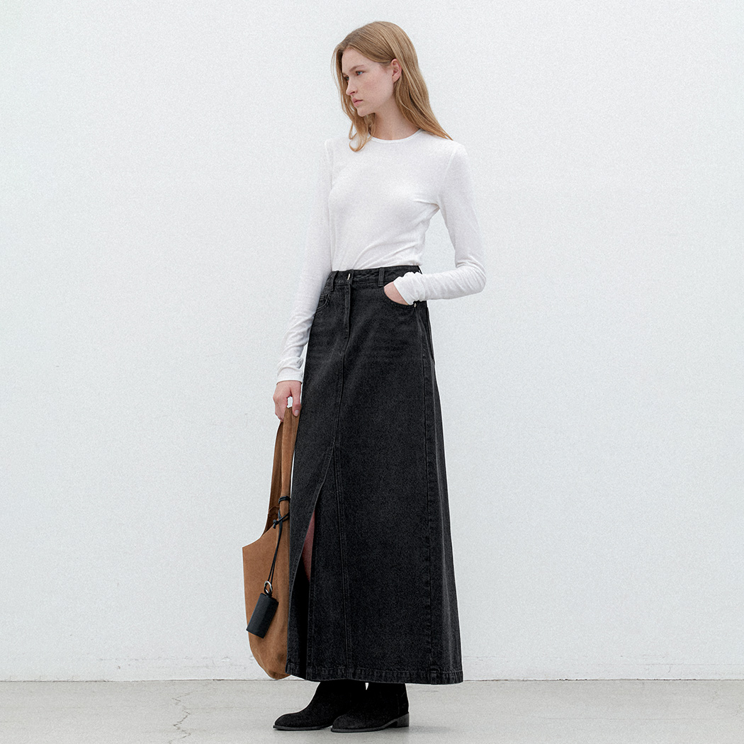 (Z-SK-5040)SLIT POINT DENIM MAXI SKIRT