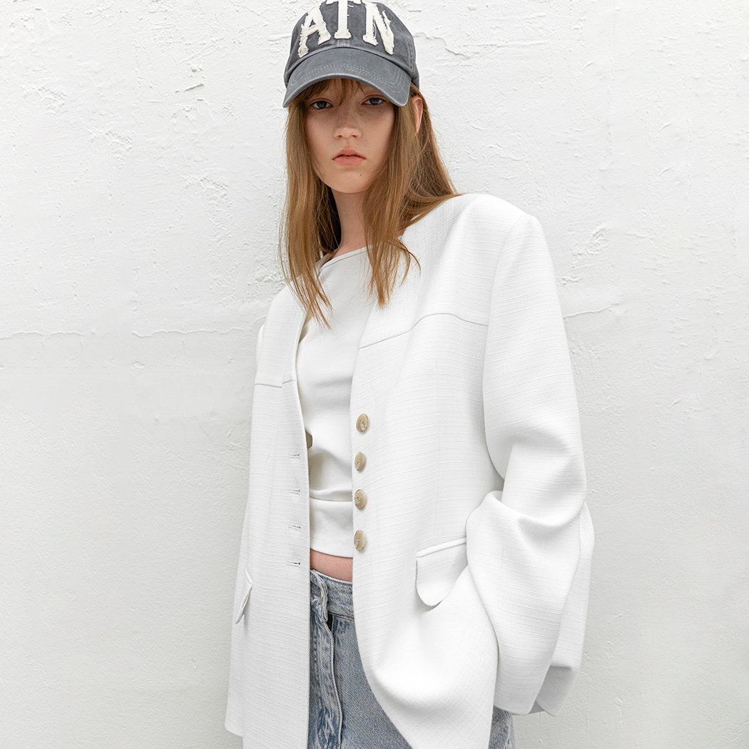 (JK-3060)COLLARLESS OVERSIZED TWEED JACKET