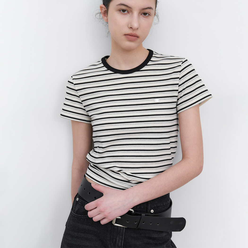 (T-7163)STRIPE SEMI CROP SLIM TEE