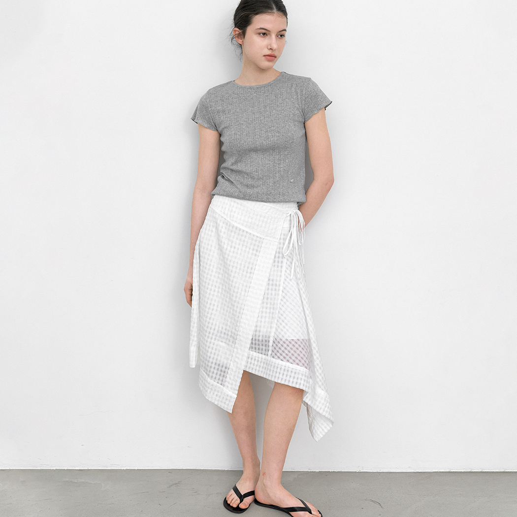 (SK-5075)EMBO CHECK UNBALANCE WRAP SKIRT Korea