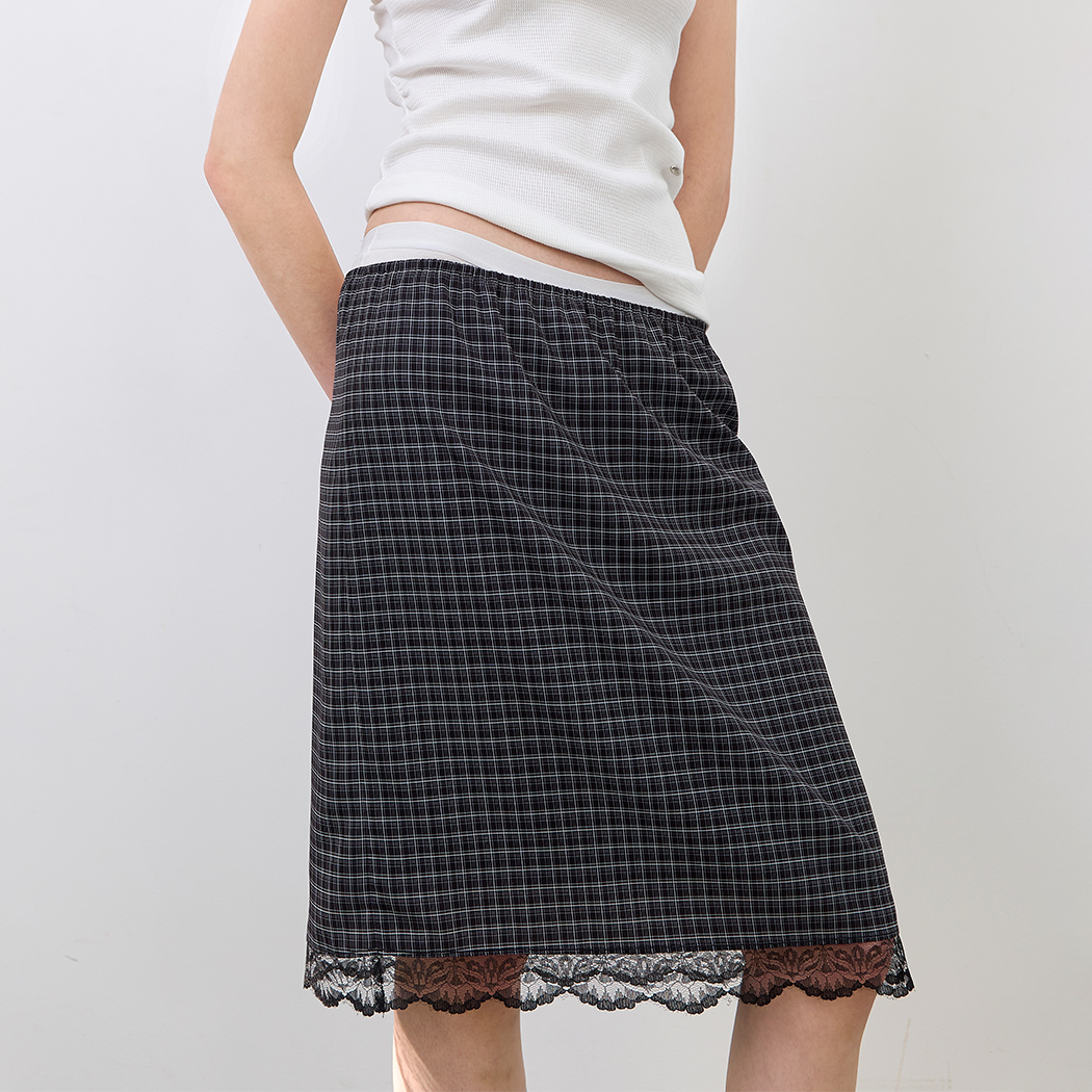(SK-5102)CHECK LACE TAPE BANDING MIDI SKIRT Korea