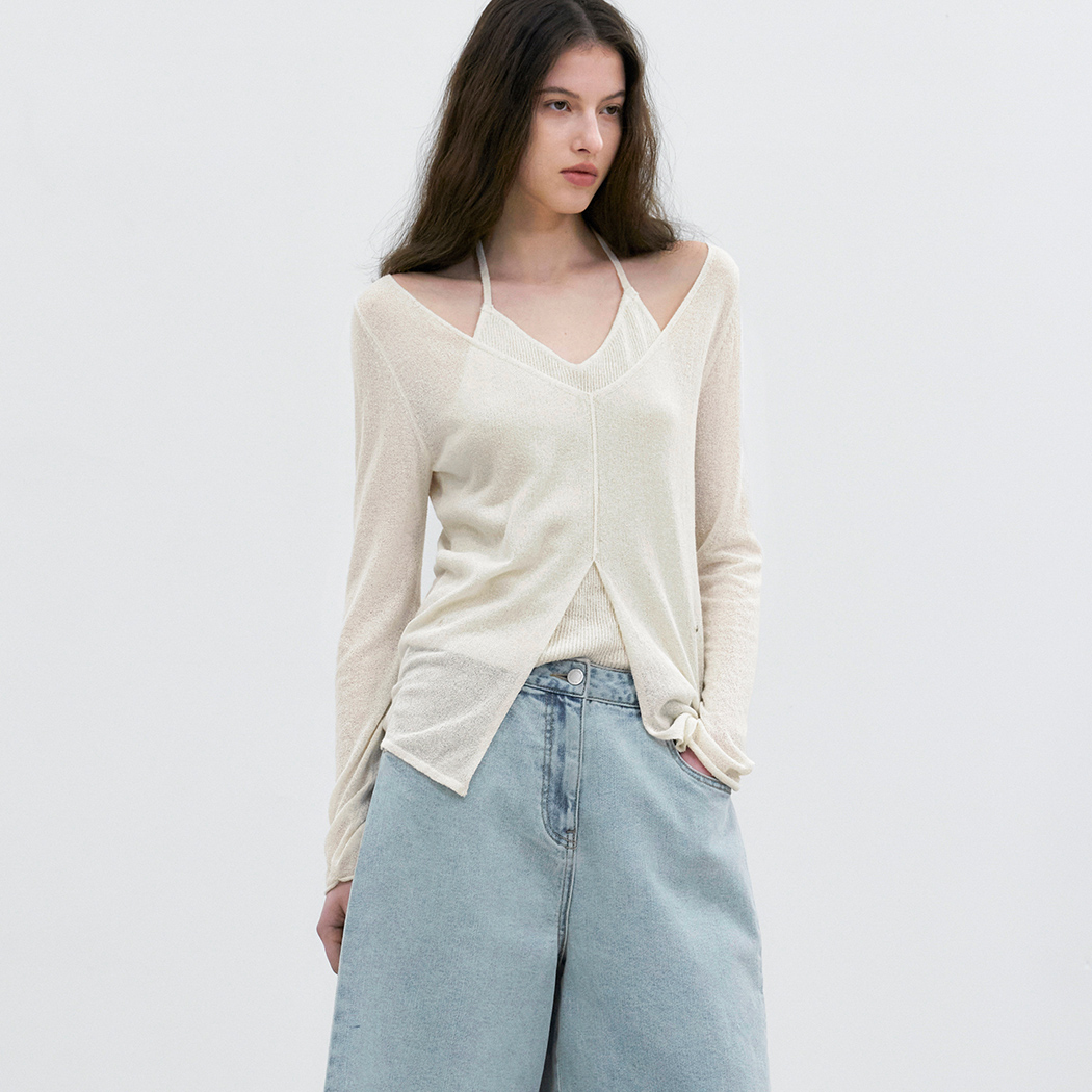 (T-7241)SUMMER BOUCLE LAYERD HALTER NECK KNIT TOP