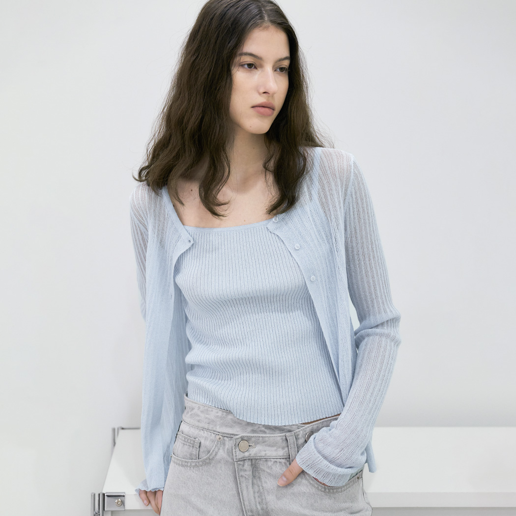 (CD-2262)COOL TOUCH SLIM RIBBED TOP&CARDIGAN SET Korea