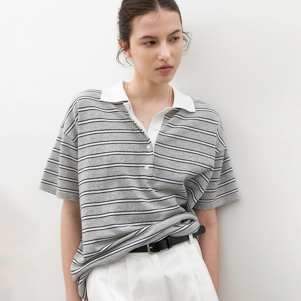 (T-7242)LOOSE FIT HALF SLEEVE STRIPED POLO KNIT
