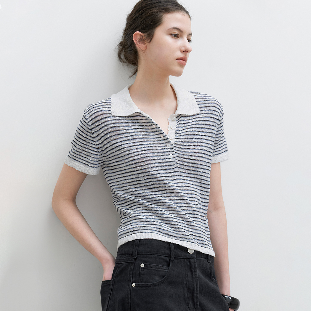 (T-7244)BOUCLE COLLAR STRIPED KNIT