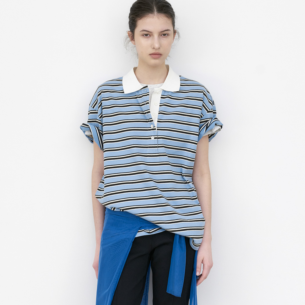(T-7213)KNIT COLLAR STRIPE BOXY TEE
