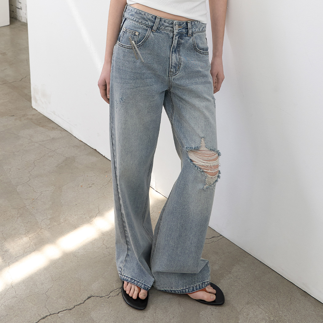 (PT-5793)DESTROYED WASHED WIDE DENIM