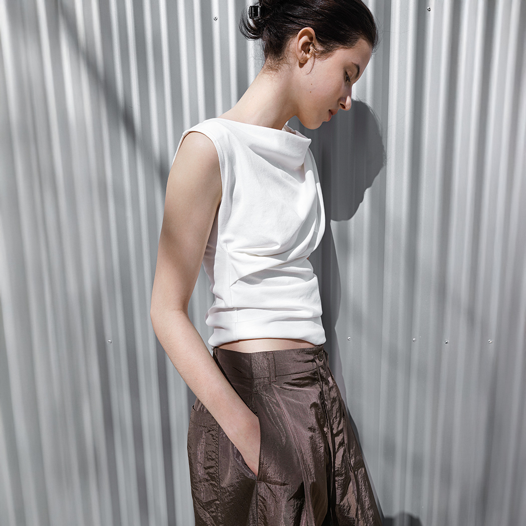 (T-7205)ONE SHOULDER DRAPE SLEEVELESS