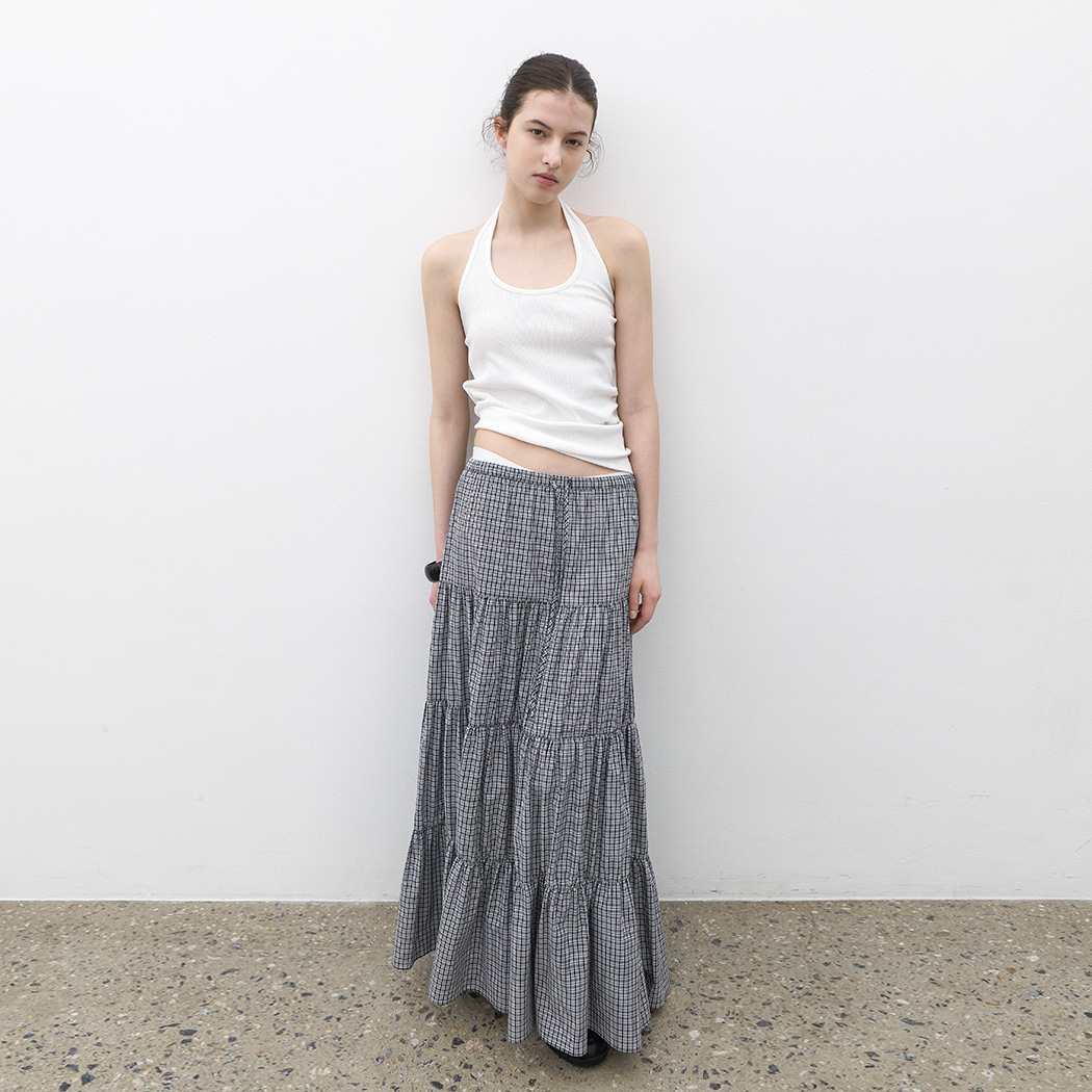 (SK-5098)CHECK TIERED FULL LENGTH SKIRT