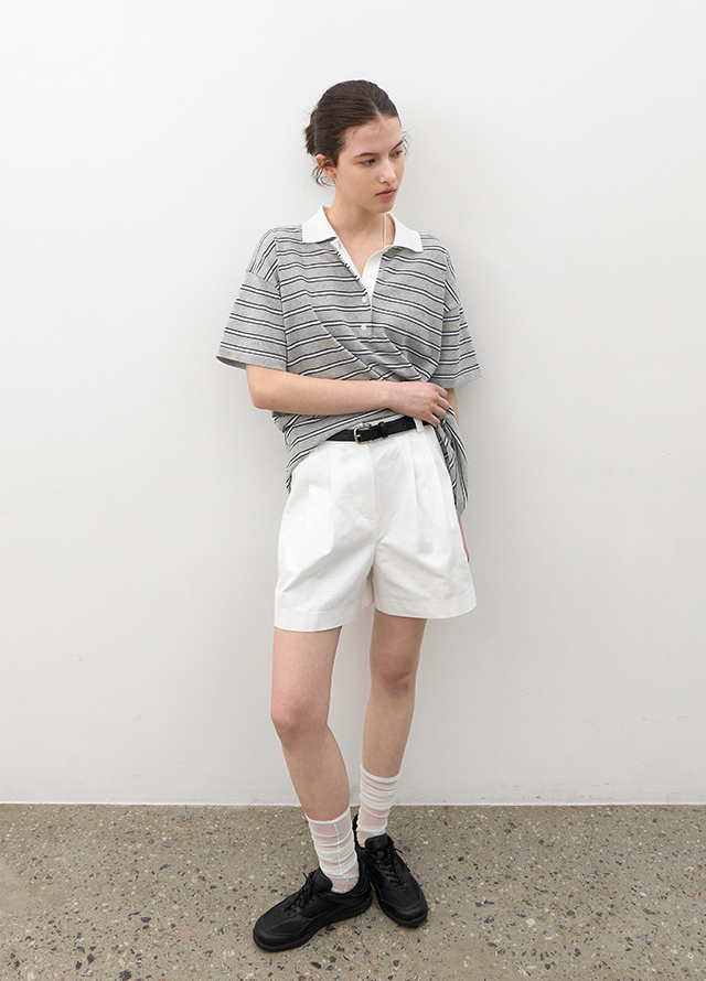 (T-7242)LOOSE FIT HALF SLEEVE STRIPED POLO KNIT Korea