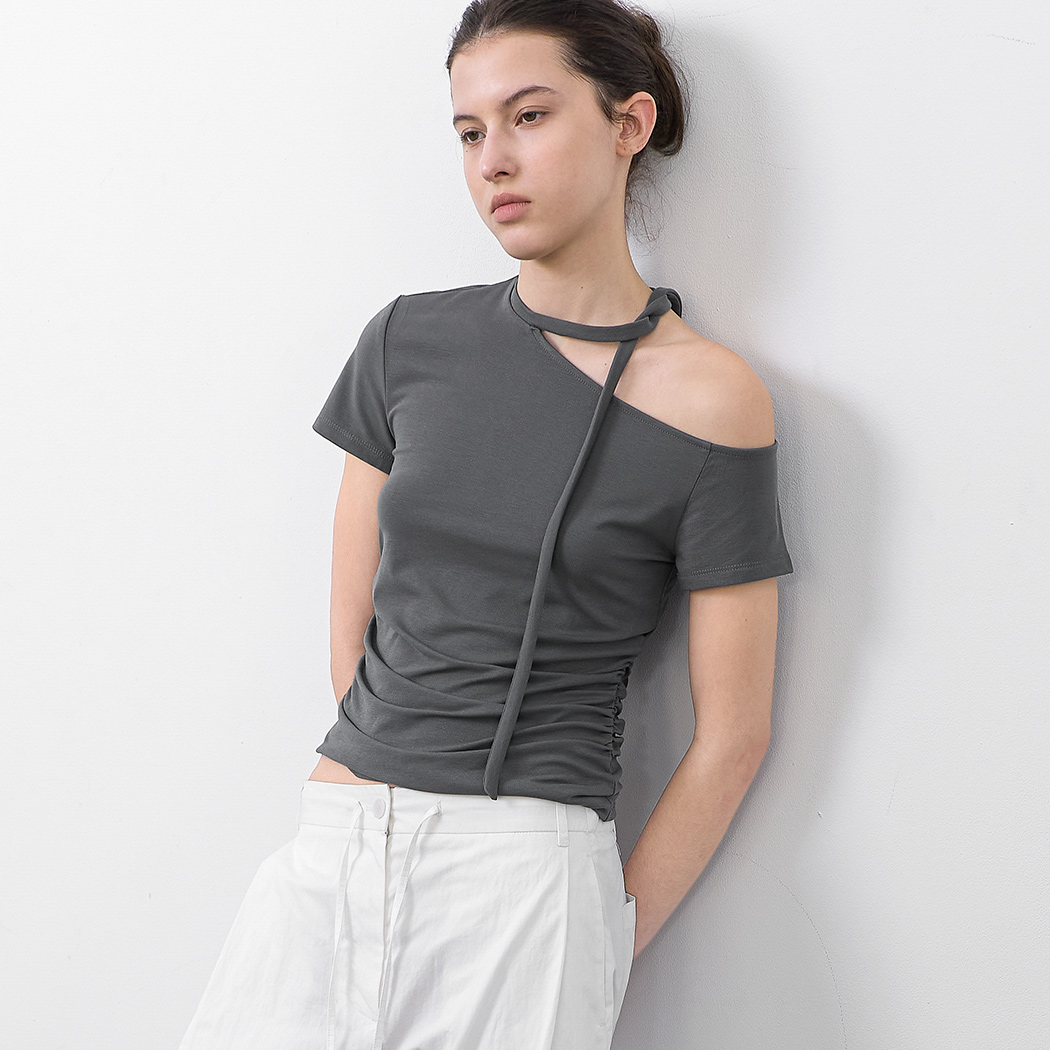 (T-7209)ONE SHOULDER SCALF TEE