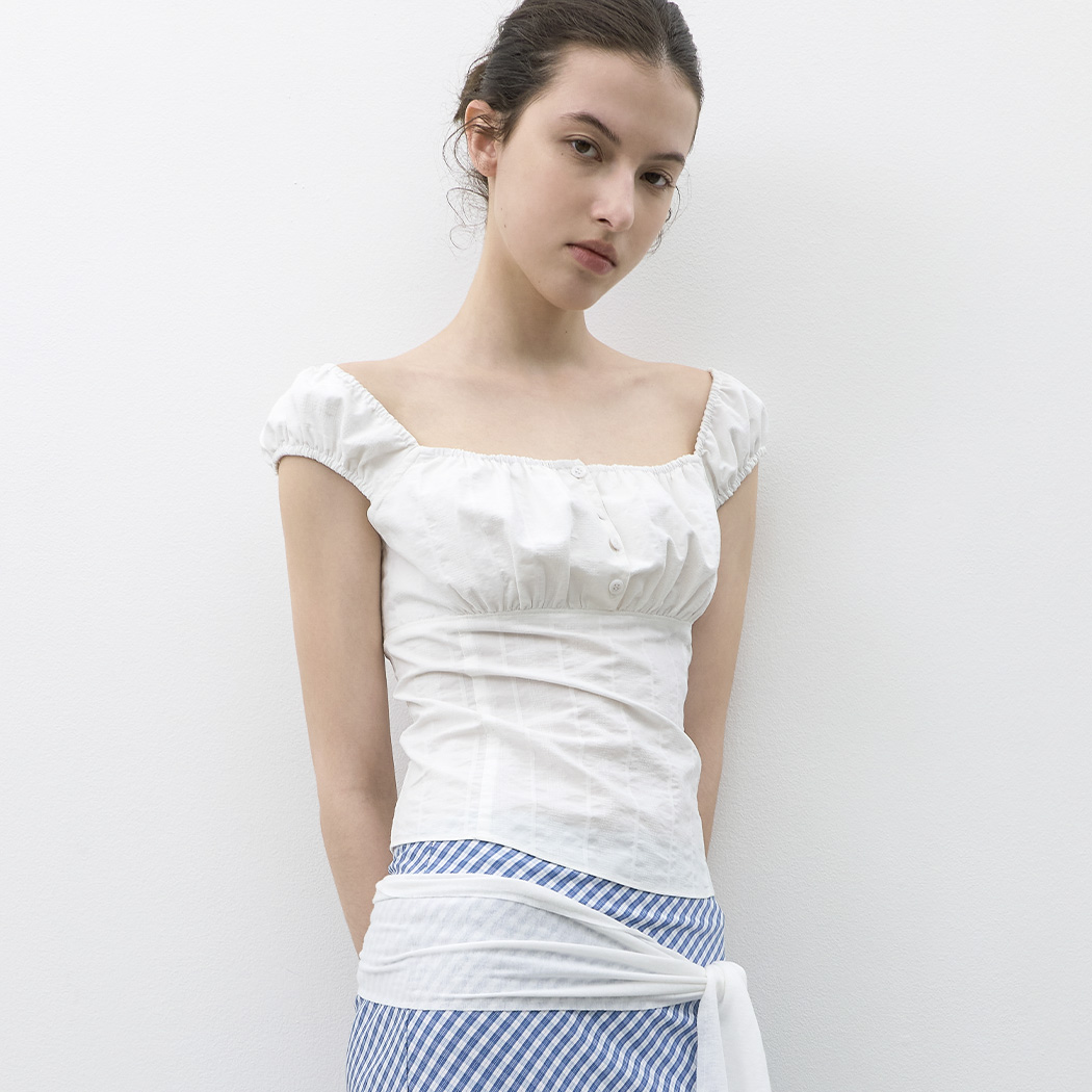 (BL-4408)COTTON SLIM SHIRRING BLOUSE