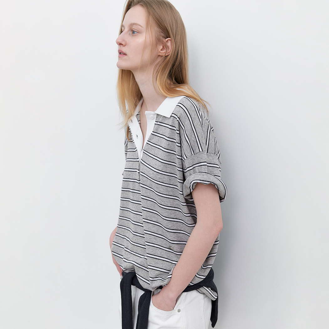 (T-7242)LOOSE FIT HALF SLEEVE STRIPED POLO KNIT