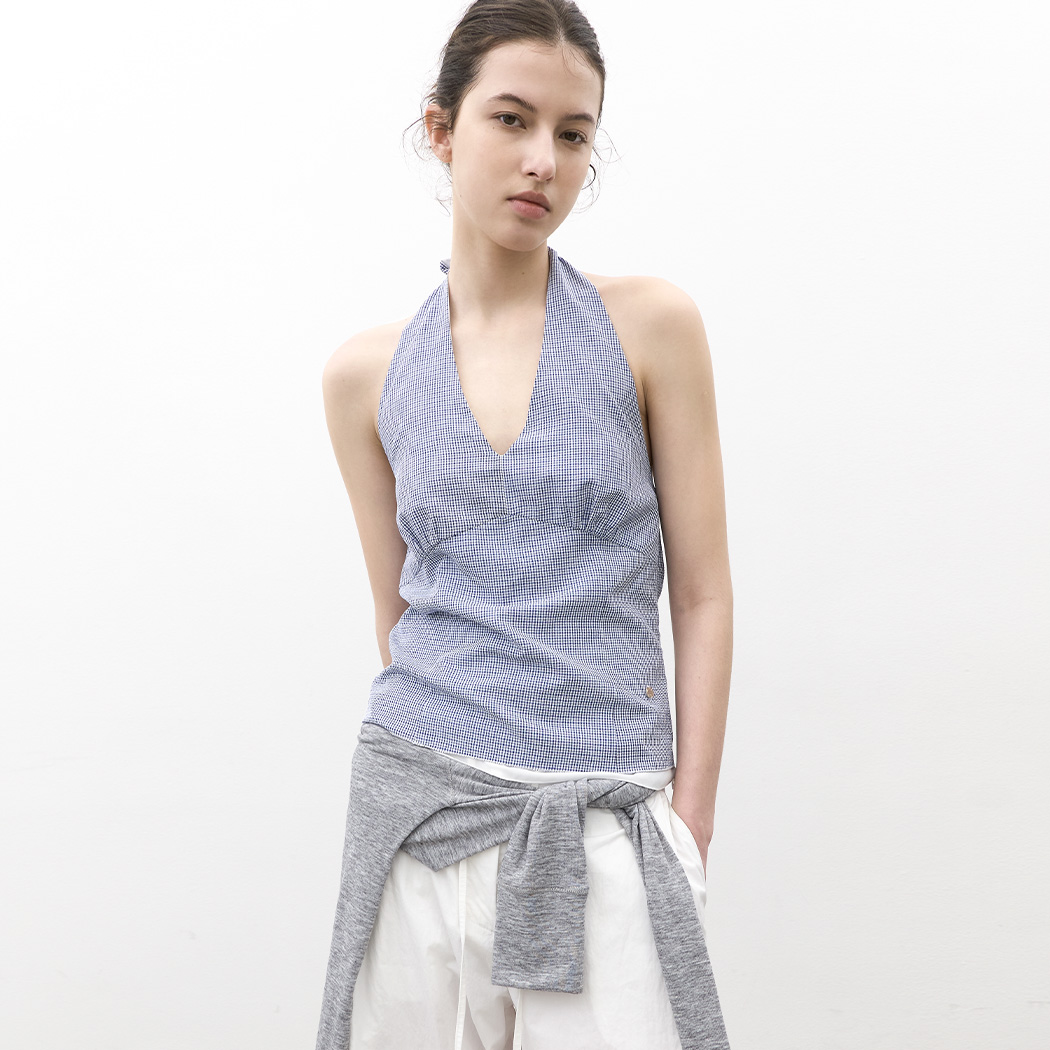 (BL-4427)TINY CHECK HALTER TOP