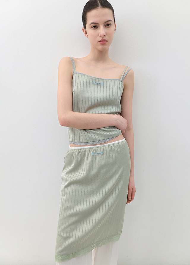 (SK-5107)AN SATIN SET-UP LACE TAPE BANDING MIDI SKIRT Korea