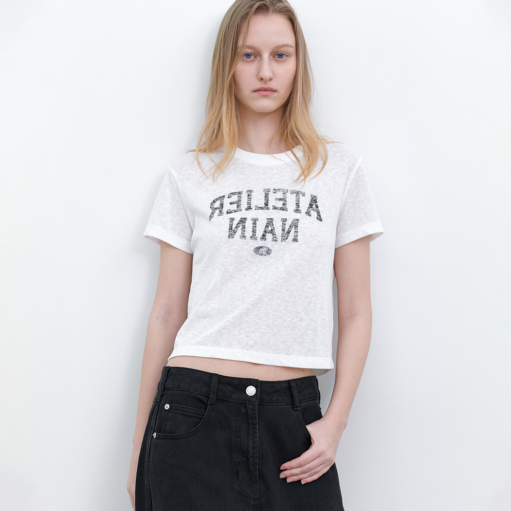 (T-7233)REVERSE STAMP GRAPHIC SEMI CROP T