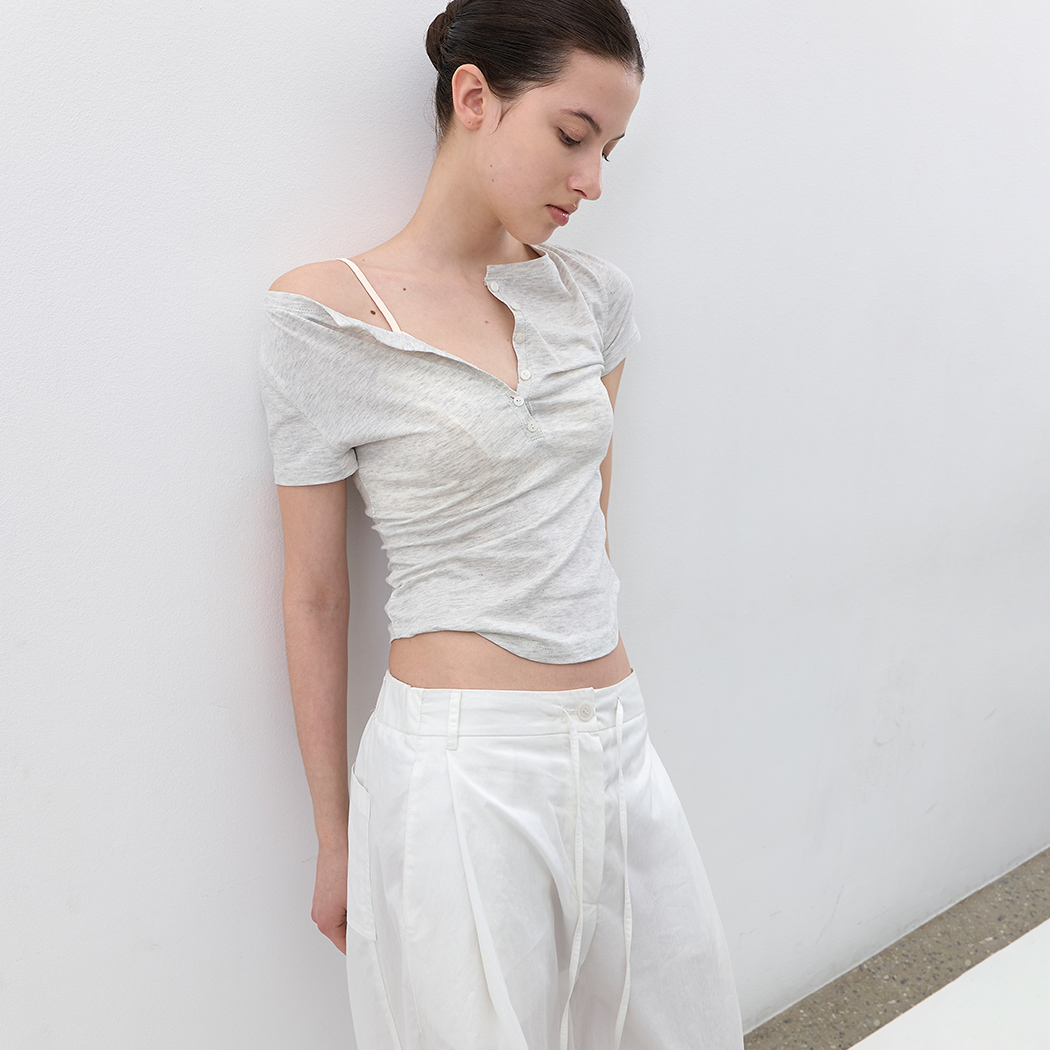 (T-7264)AN BOATNECK BUTTON UP SLIM HALF T