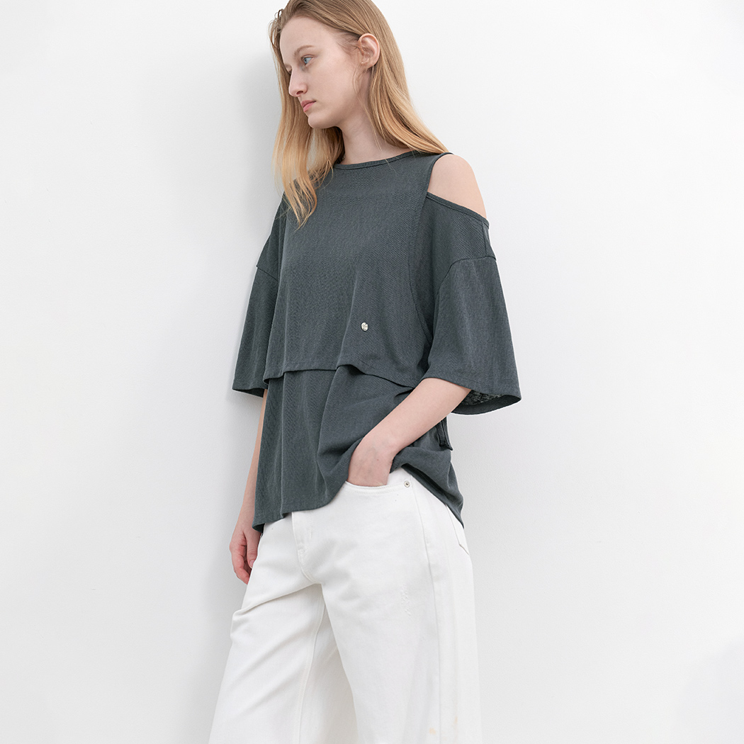 (T-7203)LAYERD ONE SHOULDER TEE