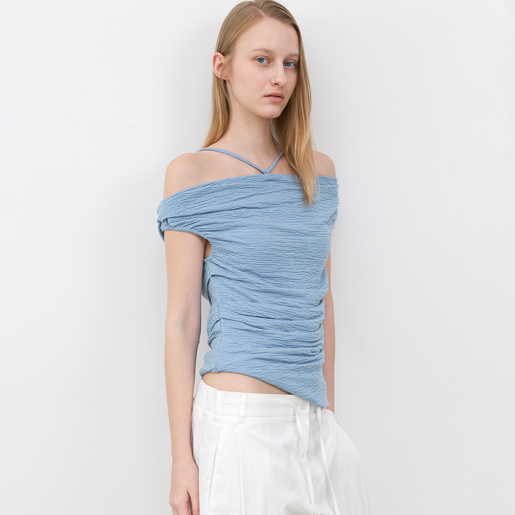 (BL-4410)WAFFLE TEXTURE SIDE-TUCKS OFF SHOULDER BLOUSE