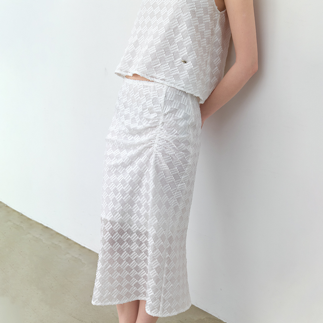 (SK-5112)TEXTURED CHECK SET SHIRRED SKIRT