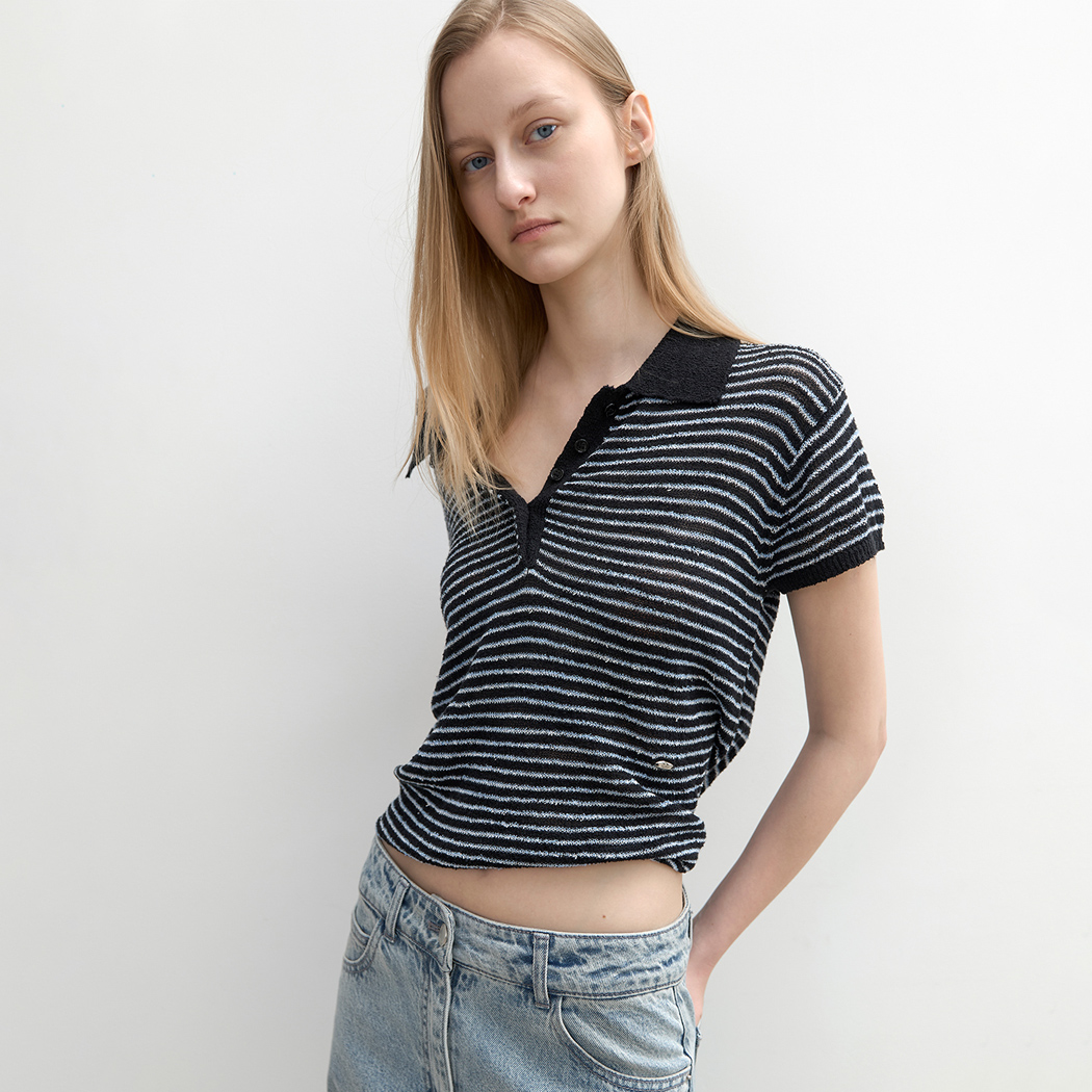 (T-7244)BOUCLE COLLAR STRIPED KNIT