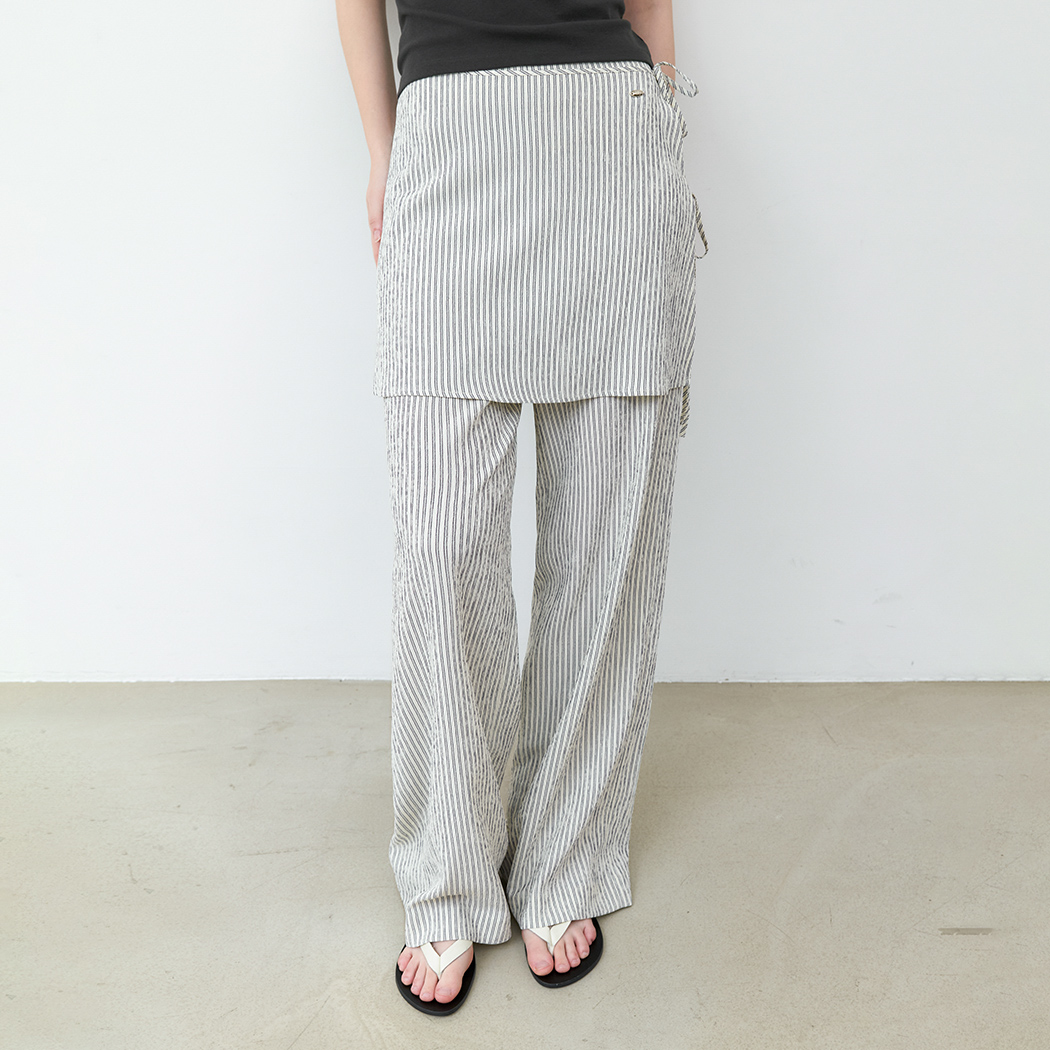 (PT-5778)STRIPE WRAP SKIRT LAYERED PANTS