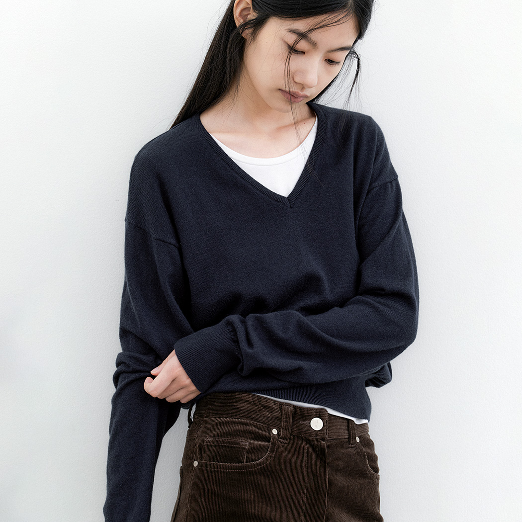 (ZT-7192)COTTON&WOOL OVERFIT V-NECK KNIT