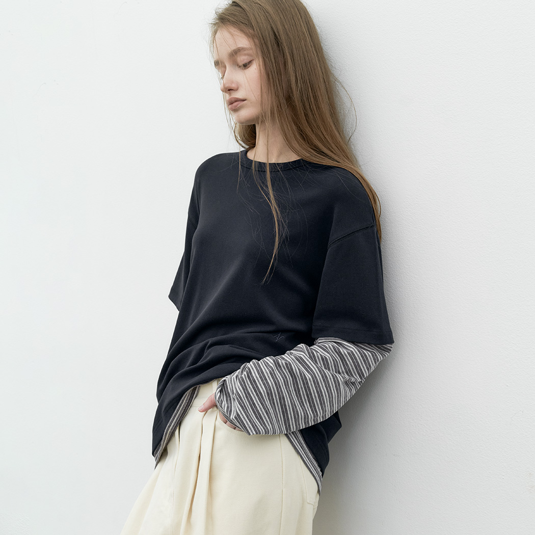 (T-7281)STRIPE LONG-SLEEVE LAYERD TEE