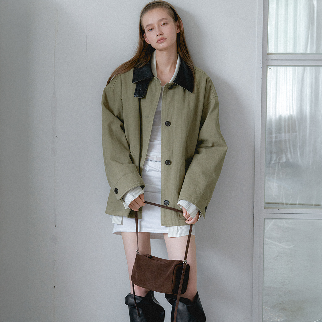 (CT-1486)LEATHER COLLAR QUILTED WORK COAT