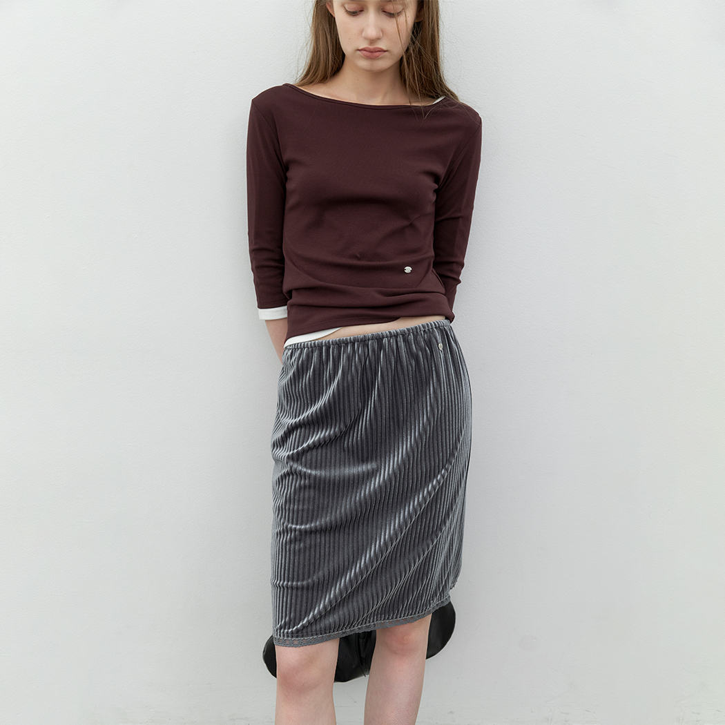 (SK-5123)VELVET LACE TAPE SET-UP BANDING MIDI SKIRT