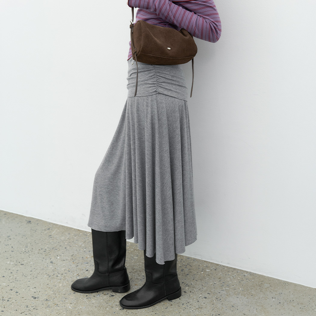 (SK-5120)JERSEY SHIRRING FLARE INTERLOCK SKIRT