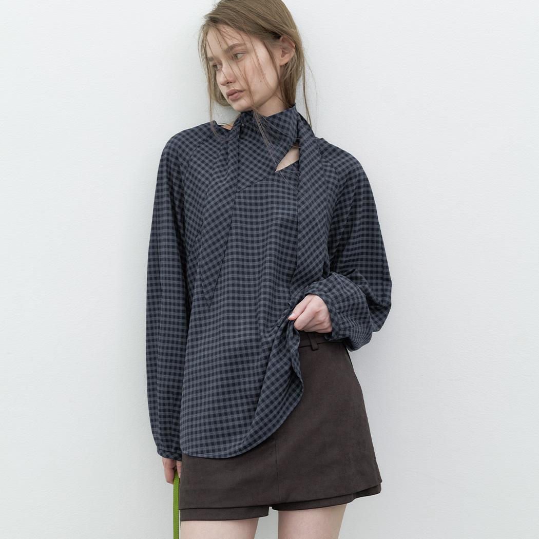 (BL-4438)VOLUME CHECK TIED BLOUSE