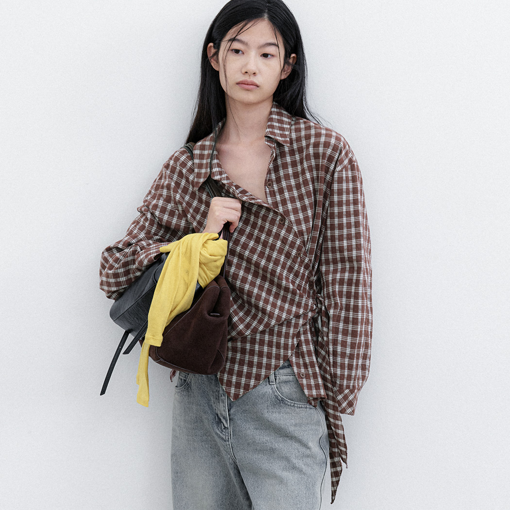 (BL-4436)WRAP TIE WASHING CHECK BLOUSE