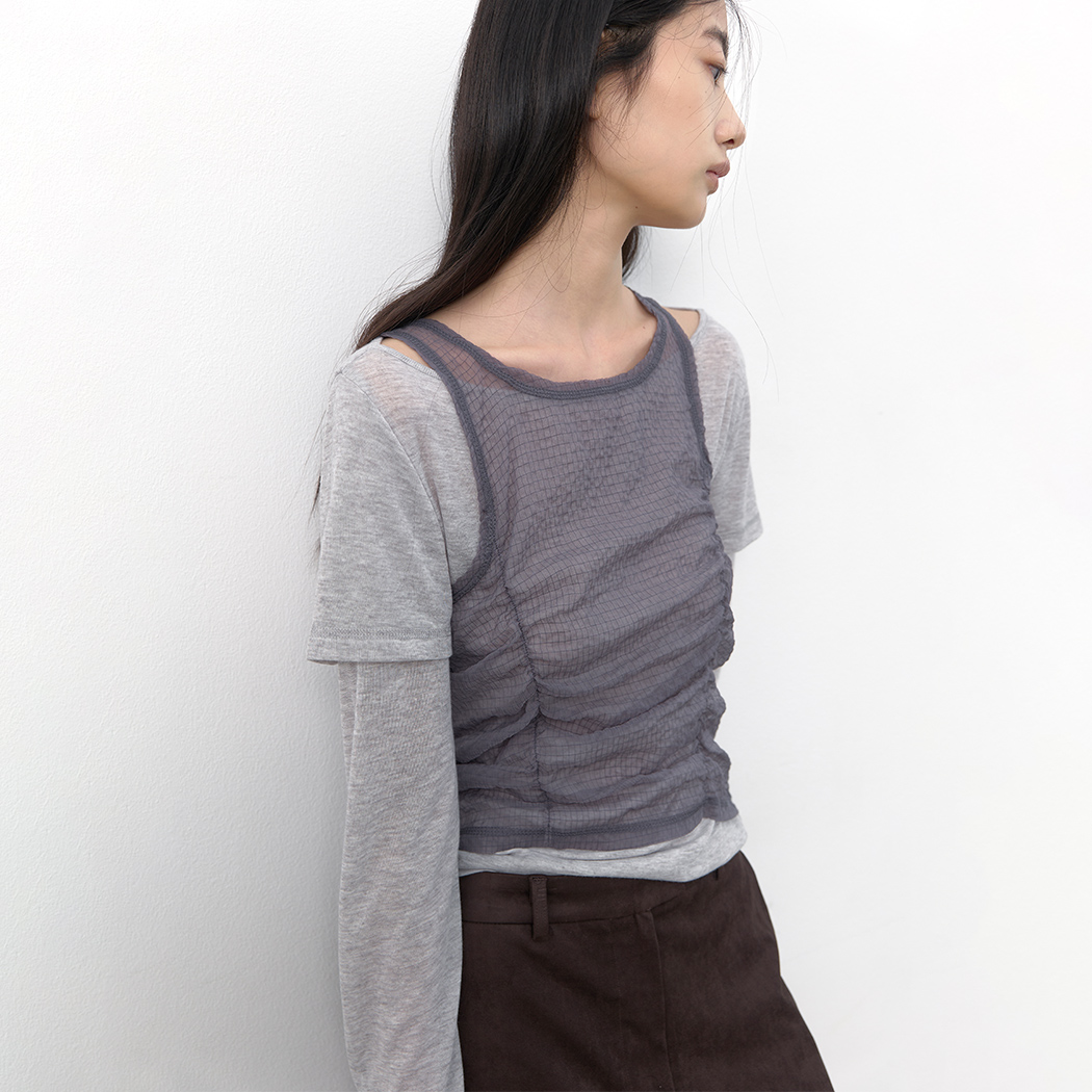 (BL-4455)SHEER BUSTIER SET LAYERED TEE BLOUSE