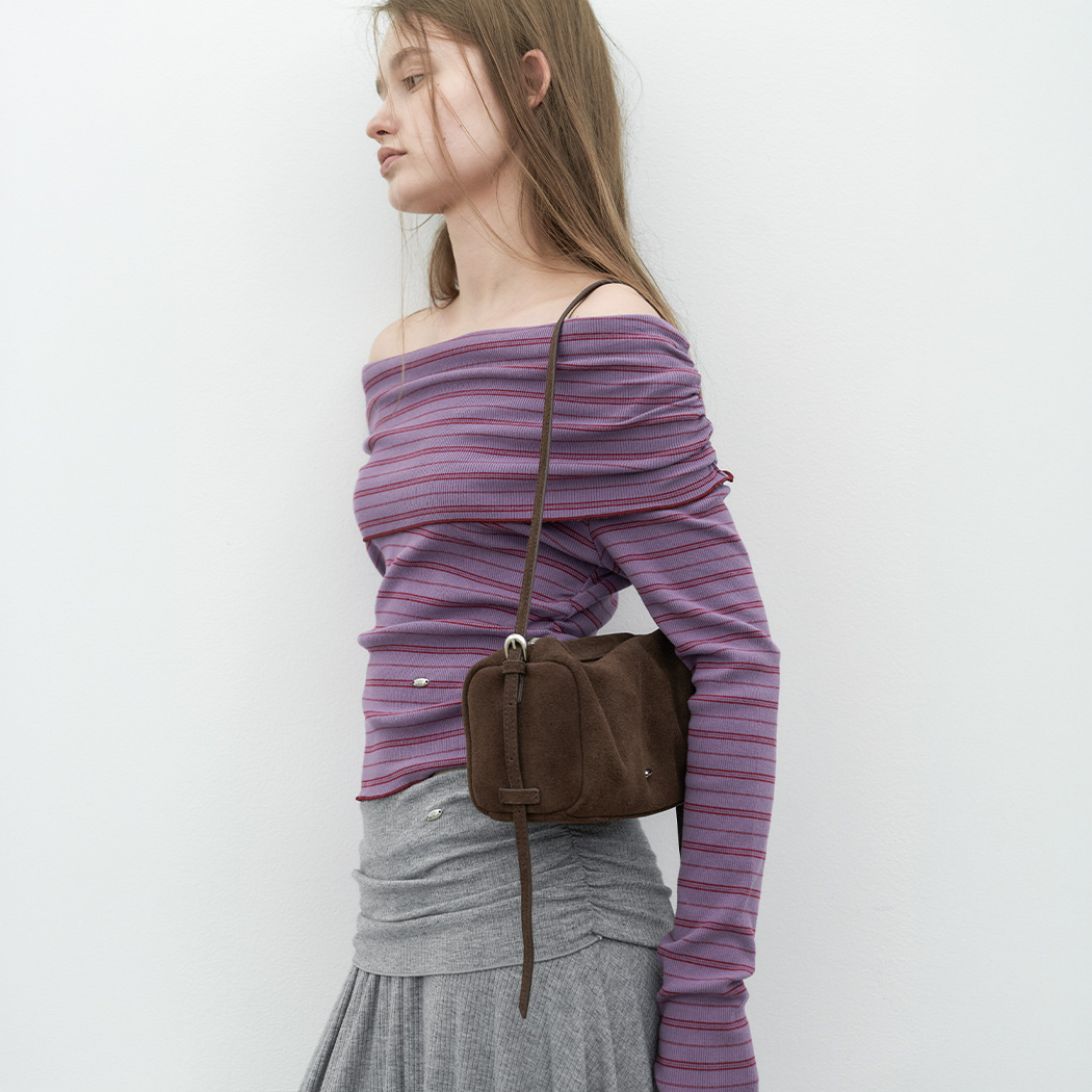 (T-7279)STRIPE INTERLOCK OFF SHOULDER TEE