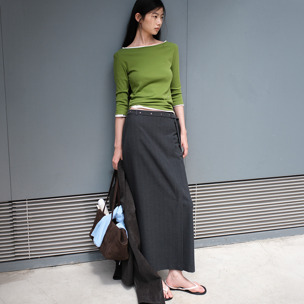 (SK-5125)EYELET BELTED STRIPE LOW RISE MAXI SKIRT S