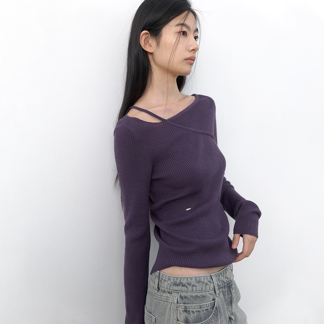 (T-7299)ASYMMETRY CUT-OUT SLIM KNIT