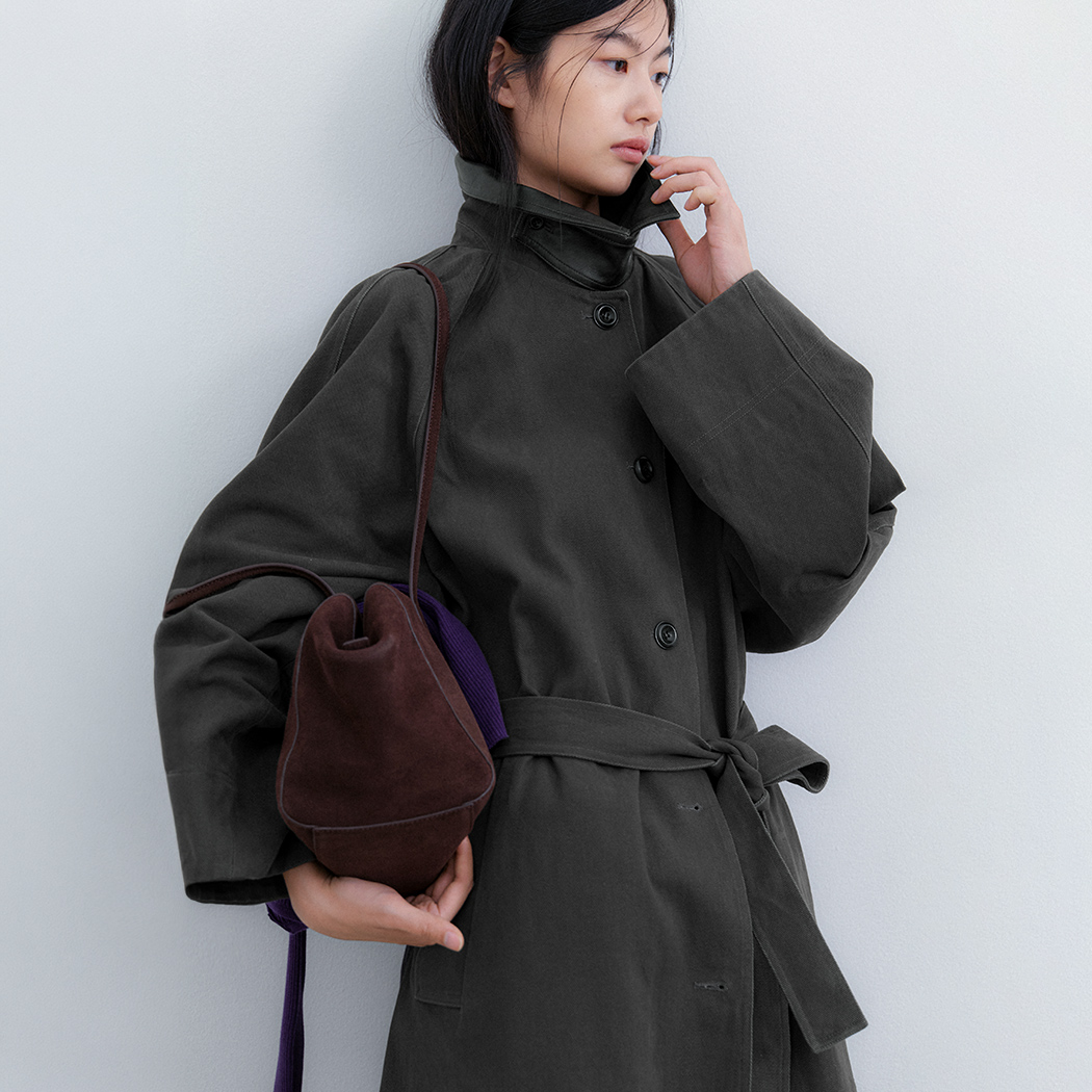 (CT-1487)LEATHER COLLAR BELTED COAT S