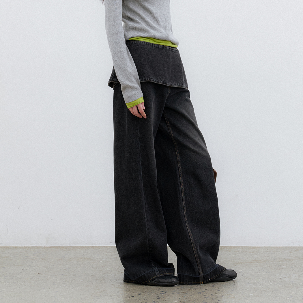 (PT-5810)LAYERED DENIM WIDE PANTS S