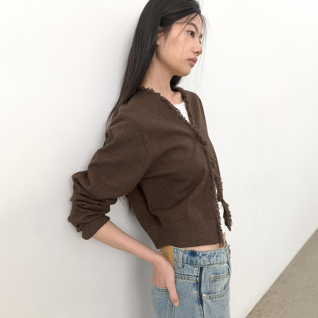 (CD-2278)FRINGE TWEED KNIT CARDIGAN