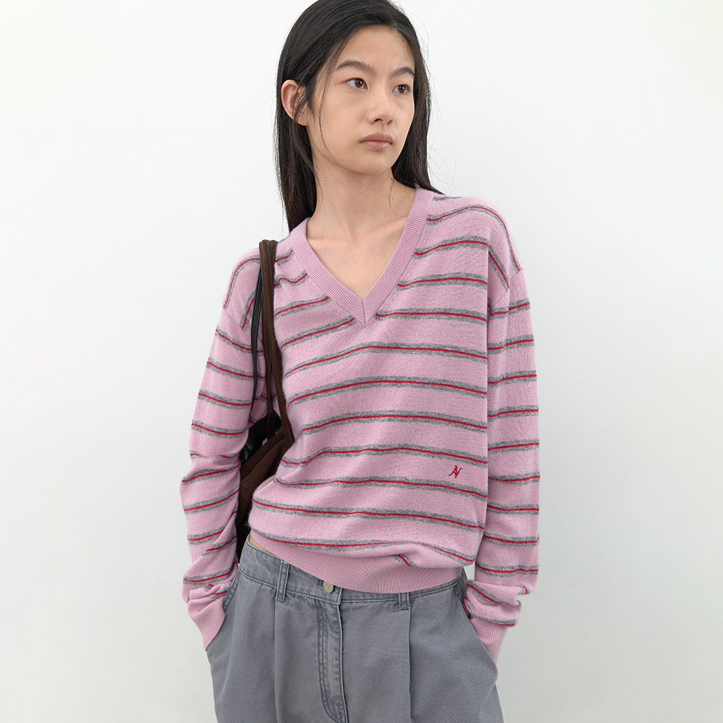 (T-7302)WOOL STRIPE V-NECK KNIT