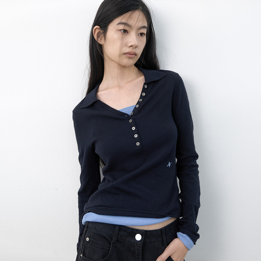 (T-7295)COLOR-BLOCK COLLAR LAYERED KNIT