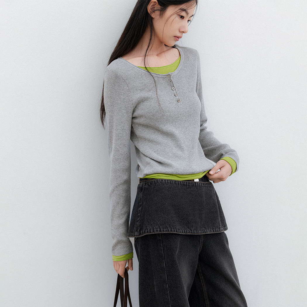 (T-7293)COLOR-BLOCK HENLEY NECK LAYERED KNIT